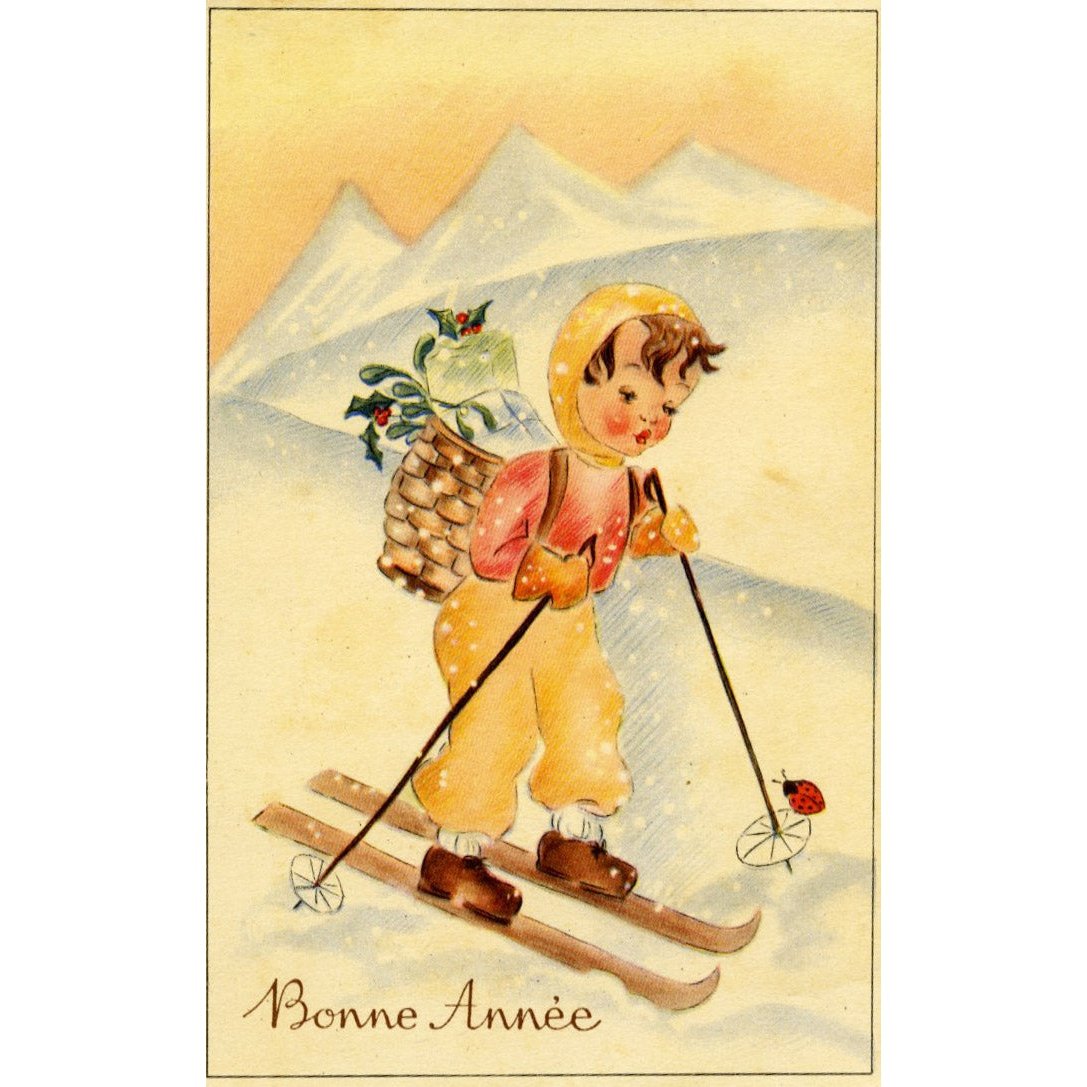 Vintage French Bonne Annee New Year Christmas Greetings Postcard Little Girl Skiing