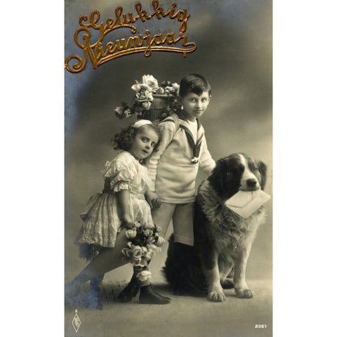 Vintage Dutch New Year Christmas Real Photograph Postcard 'Gelukkig Nieuwjaar' with Children and Dog