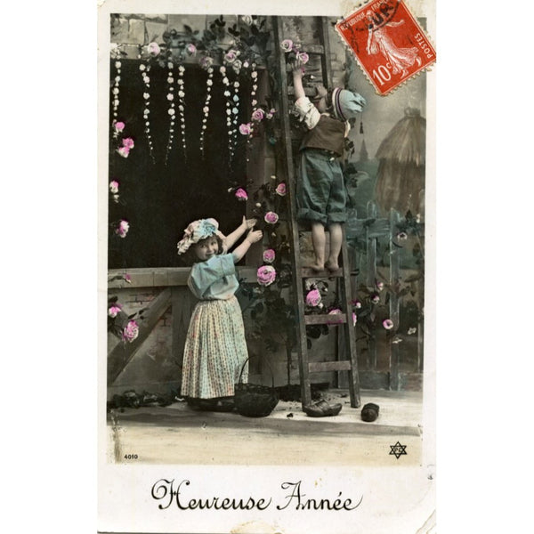 Real Photograph French 'Heureuse Annee' New Year Christmas Greetings Postcard Little Girl and Boy