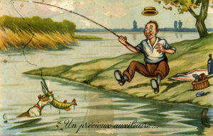 Vintage French Postcard Man and Dog Fishing 'Un precieux auxiliare...'