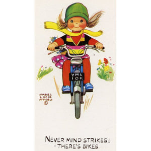 Mabel Lucie Attwell Postcard 'Never Mind Strikes - there's Bikes!', Vintage Motorcycle