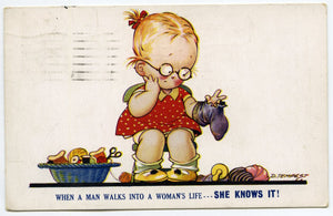 Vintage Bamforth 'Tempest Kiddy' Series Postcard 'When a man walks into a woman's life'