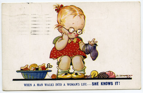 Vintage Bamforth 'Tempest Kiddy' Series Postcard 'When a man walks into a woman's life'