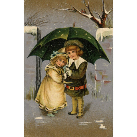 Vintage 'B. B. London' Christmas greetings postcard Little Boy and Girl under Umbrella