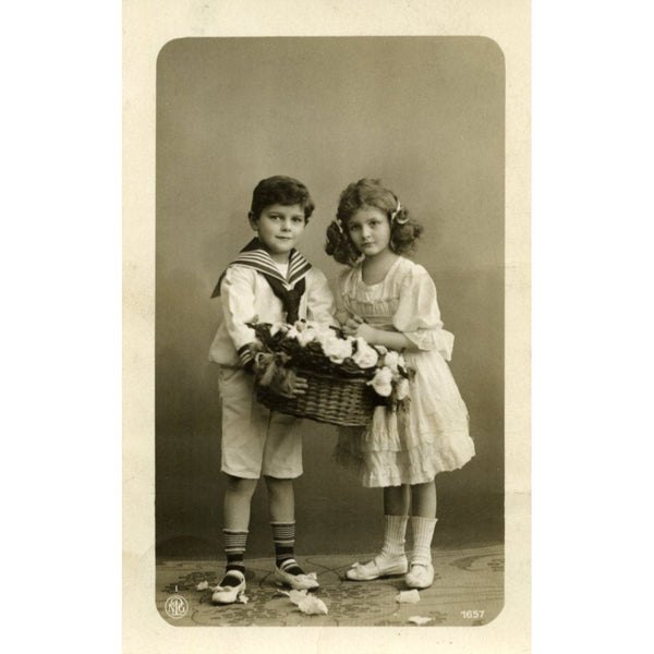 Vintage Real Photograph Postcard Little Girl and Boy in Sailor Uniform