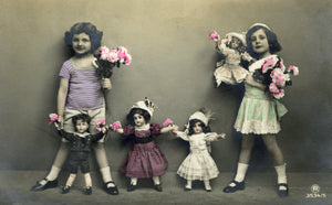 Vintage Real Photograph Postcard Two Little Girls and Toy Dolls