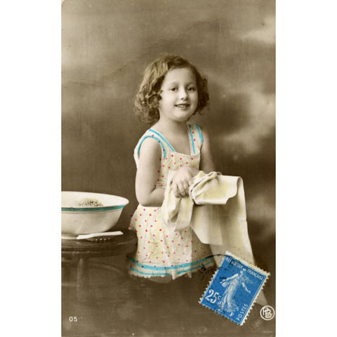 Vintage Real Photograph Postcard Little Girl Washing