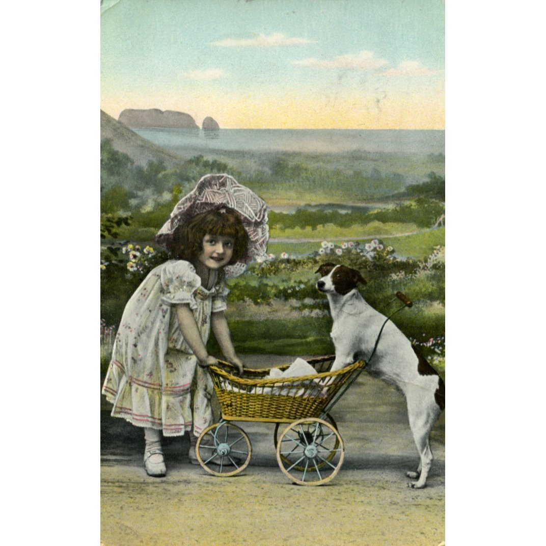 Vintage Postcard Little Girl and Dog with Pram