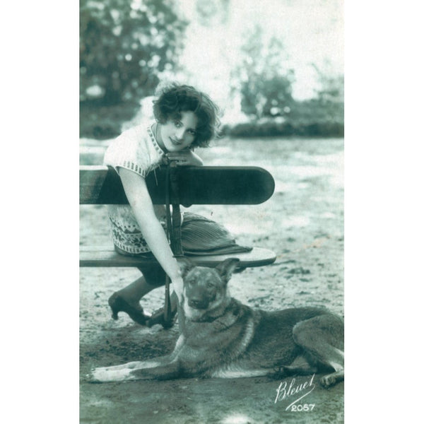 Vintage French Postcard Woman and German Shepherd Dog