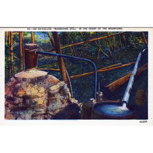 'Asheville Postcard Company' Linen Postcard 'An 80- Gallon "Moonshine Still" in the Heart of the Mountains'