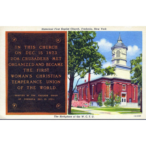 Curteich & Co. 'C.T. Art-Colortone' Linen Postcard 'Historical First Baptist Church, Fredonia, New York'