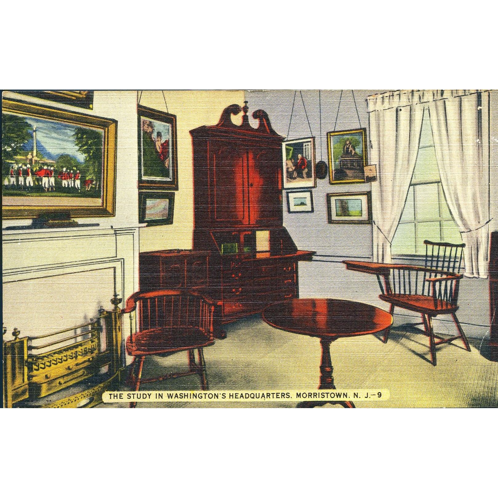 'Tichnor Quality Views' Linen postcard 'The Study in Washington's Headquarters, Morristown, N. J.'