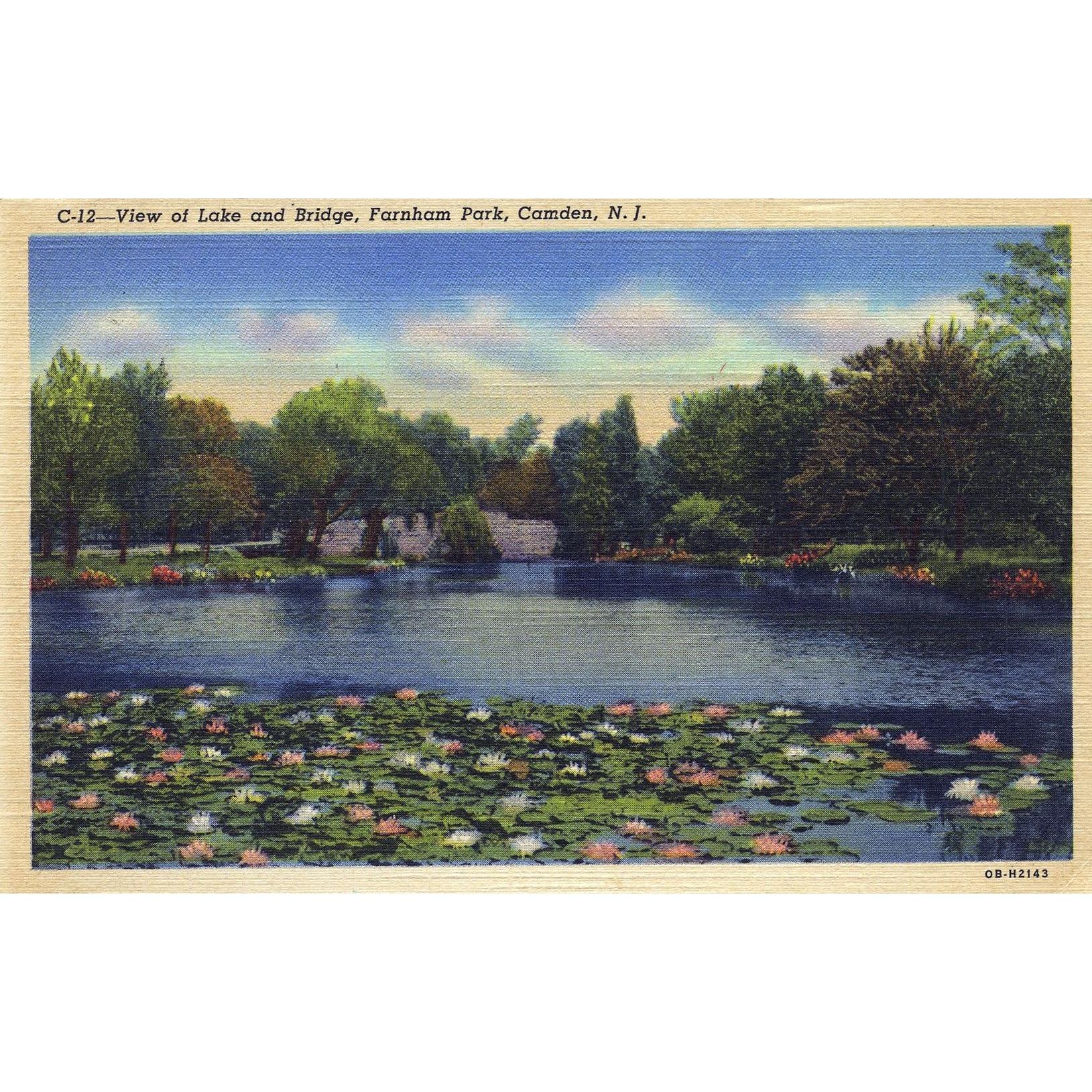 Curteich & Co. 'C.T. Art-Colortone' Linen Postcard 'View of the Lake and Bridge, Farnham Park, Camden, N. J.'