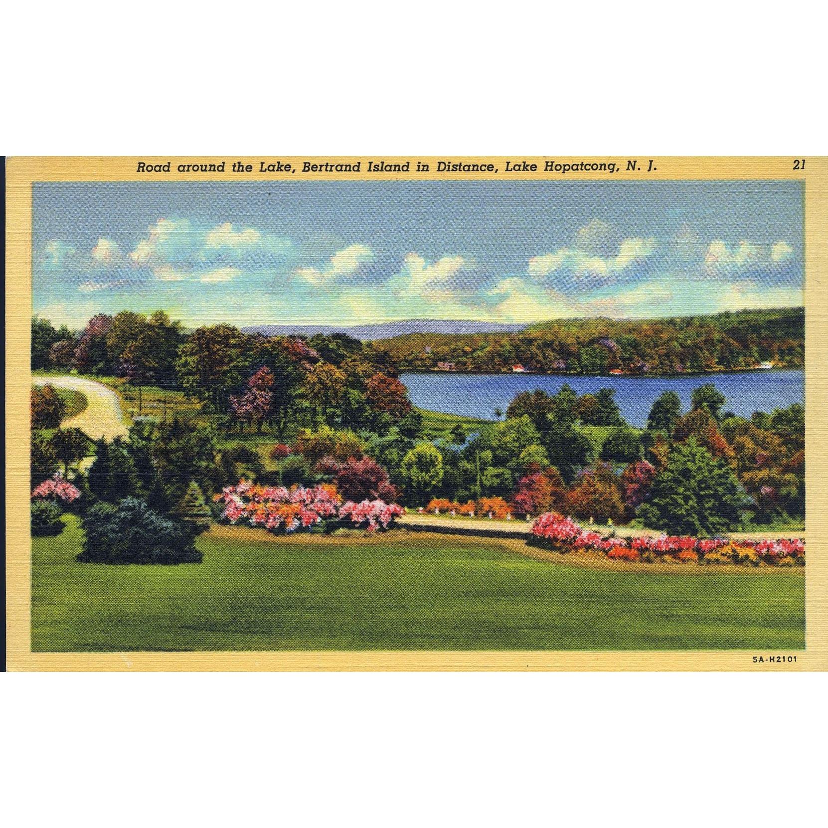 'C. T. Art-Colortone' Linen postcard 'Road around the Lake, Bertrand Island, Lake Hopatcong, N. J.'