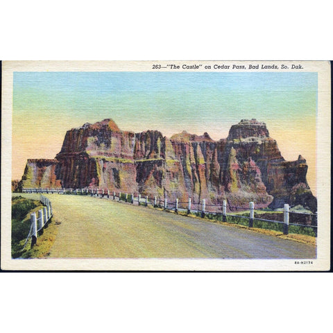 Curteich 'C.T. Art-Colortone' Linen Postcard '263- 'The Castle' on Cedar Pass, Bad Lands, So. Dak.'