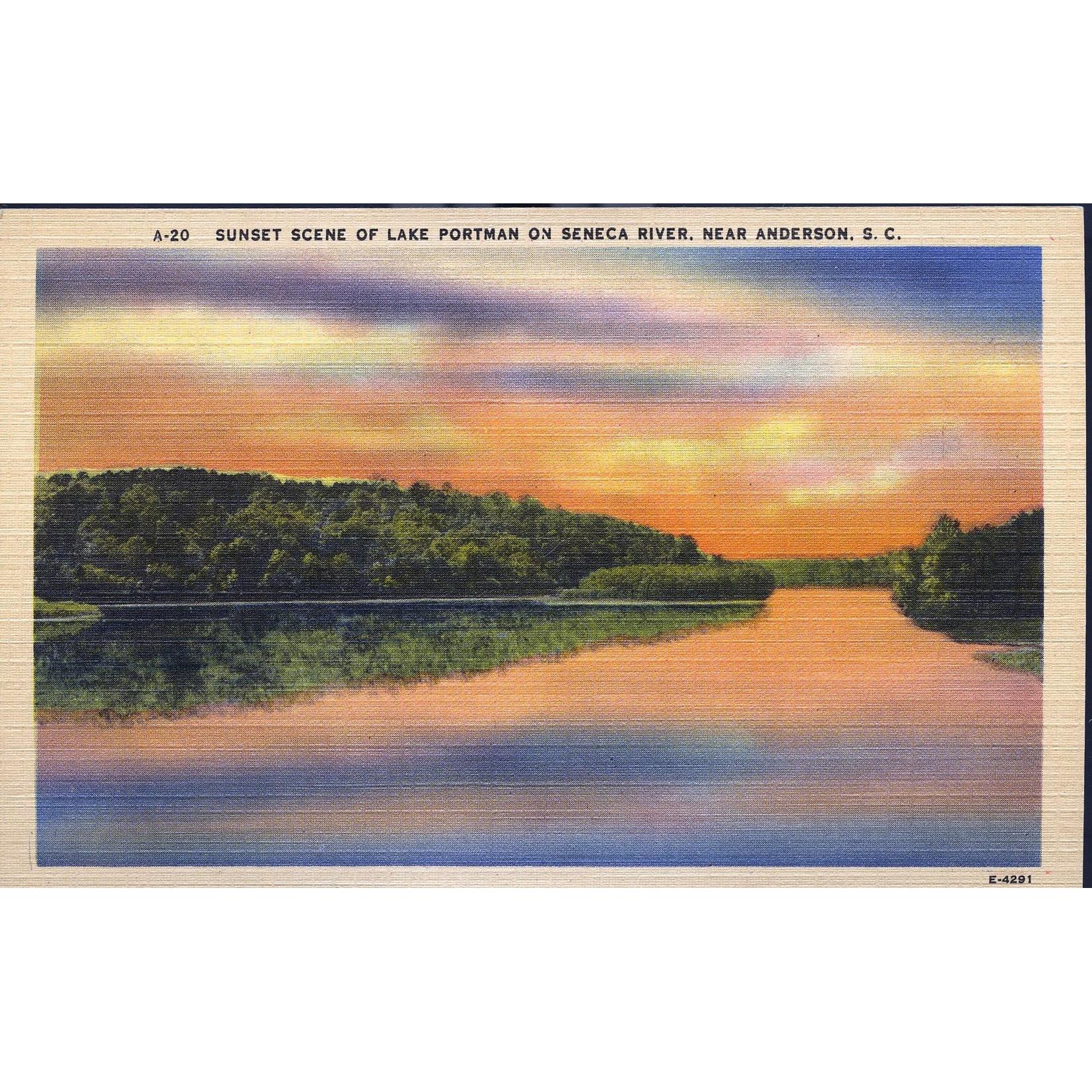 Ashville Post Card Co. Linen Postcard 'Sunset Scene of Lake Portman, near Anderson, S.C.'