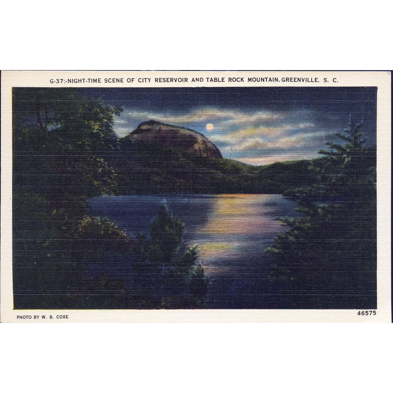 Ashville Postcard Co. Linen Postcard 'Night-time Scene of City Reservoir and Table Rock Mountain, Greenville, S.C.'