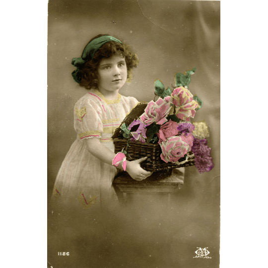 Vintage Real Photograph Postcard Little Girl with Flowers, Antique Photo Postcard