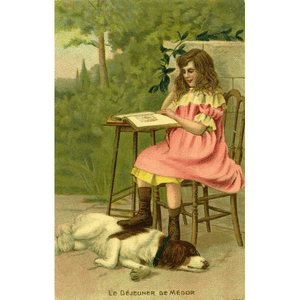 Vintage French Colour Postcard 'Le dejeuner de medor', Little Girl and Dog, Spaniel Dogs